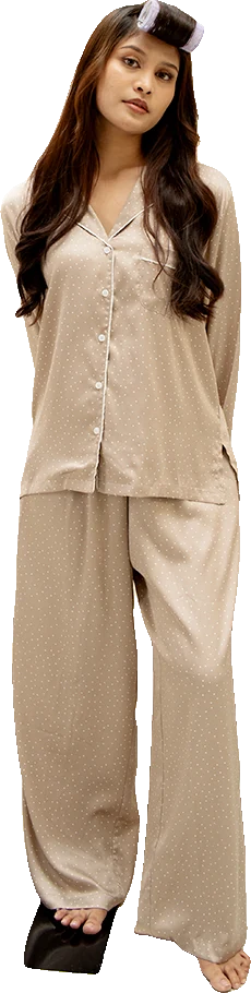 One Set Piyama Lengan Panjang Wanita Satin Long Pajama Set