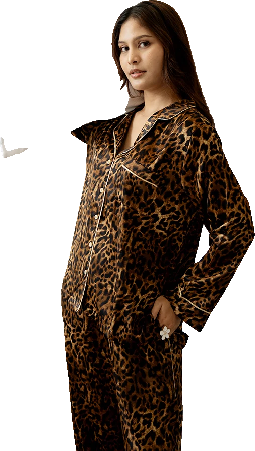 One Set Piyama Lengan Panjang Wanita Satin Long Sleeve + Long Pants Leopard Print