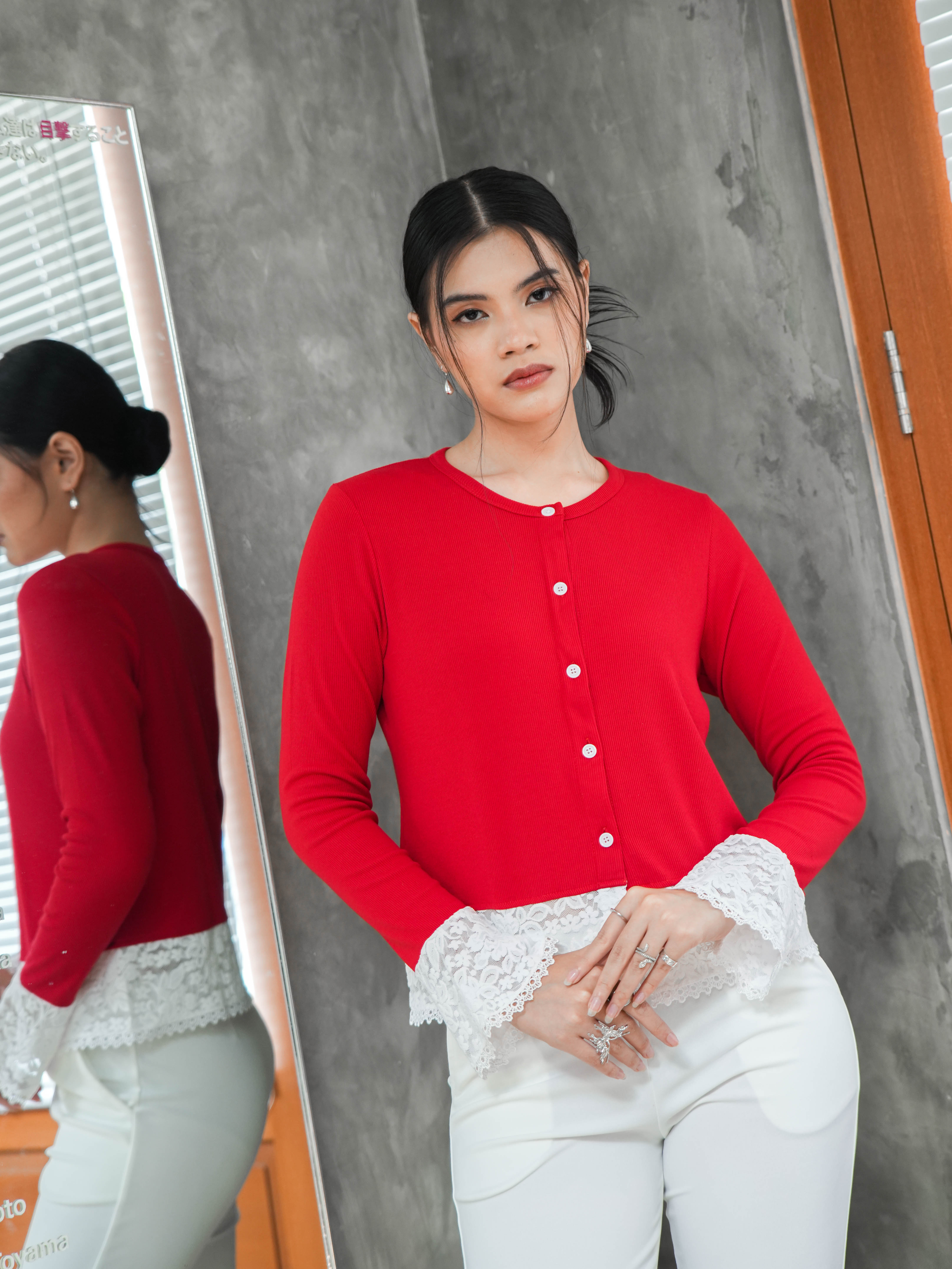 Hardware Clothing Outer Lengan Panjang Wanita LACE DETAIL KNIT CARDIGAN